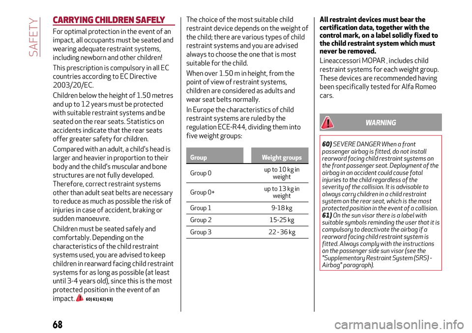 Alfa Romeo Giulietta 2017  Owners Manual CARRYING CHILDREN SAFELY
For optimal protection in the event of an
impact, all occupants must be seated and
wearing adequate restraint systems,
including newborn and other children!
This prescription 