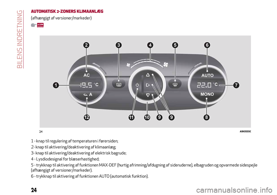 Alfa Romeo Giulietta 2017 Instruktionsbog (in Danish) AUTOMATISK 2-ZONERS KLIMAANLÆG
(afhængigt af versioner/markeder)
1 - knap til regulering af temperaturen i førersiden;
2- knap til aktivering/deaktivering af klimaanlæg;
3- knap til aktivering/dea Alfa Romeo Giulietta 2017 Instruktionsbog (in Danish) AUTOMATISK 2-ZONERS KLIMAANLÆG
(afhængigt af versioner/markeder)
1 - knap til regulering af temperaturen i førersiden;
2- knap til aktivering/deaktivering af klimaanlæg;
3- knap til aktivering/dea