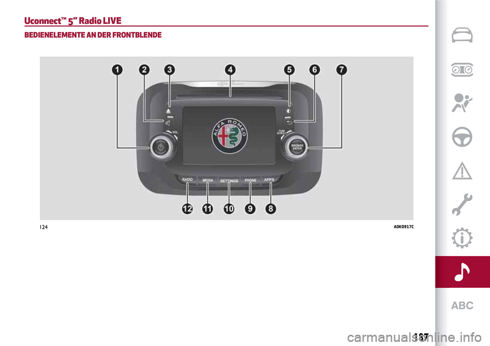 Alfa Romeo Giulietta 2017 Betriebsanleitung (in German) Uconnect™ 5” Radio LIVE
BEDIENELEMENTE AN DER FRONTBLENDE
124A0K0917C
187 Alfa Romeo Giulietta 2017 Betriebsanleitung (in German) Uconnect™ 5” Radio LIVE
BEDIENELEMENTE AN DER FRONTBLENDE
124A0K0917C
187