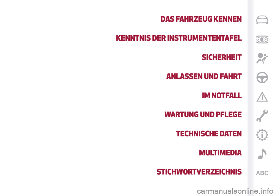 Alfa Romeo Giulietta 2017 Betriebsanleitung (in German) DAS FAHRZEUG KENNEN
KENNTNIS DER INSTRUMENTENTAFEL
SICHERHEIT
ANLASSEN UND FAHRT
IM NOTFALL
WARTUNG UND PFLEGE
TECHNISCHE DATEN
MULTIMEDIA
STICHWORTVERZEICHNIS Alfa Romeo Giulietta 2017 Betriebsanleitung (in German) DAS FAHRZEUG KENNEN
KENNTNIS DER INSTRUMENTENTAFEL
SICHERHEIT
ANLASSEN UND FAHRT
IM NOTFALL
WARTUNG UND PFLEGE
TECHNISCHE DATEN
MULTIMEDIA
STICHWORTVERZEICHNIS