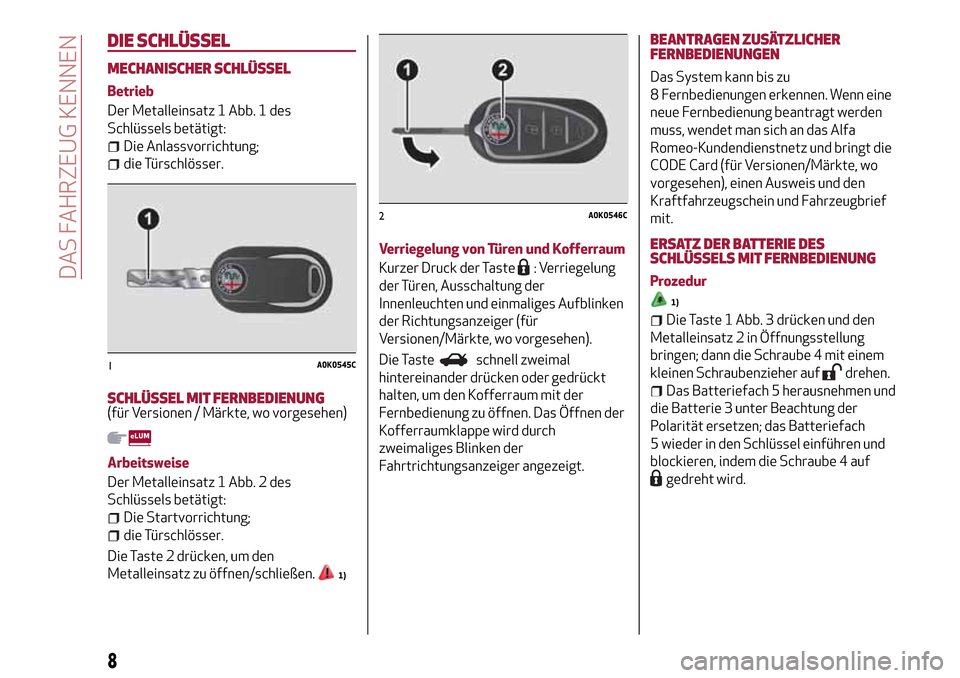 Alfa Romeo Giulietta 2017  Betriebsanleitung (in German) DIE SCHLÜSSEL
MECHANISCHER SCHLÜSSEL
Betrieb
Der Metalleinsatz 1 Abb. 1 des
Schlüssels betätigt:
Die Anlassvorrichtung;
die Türschlösser.
SCHLÜSSEL MIT FERNBEDIENUNG(für Versionen / Märkte, w