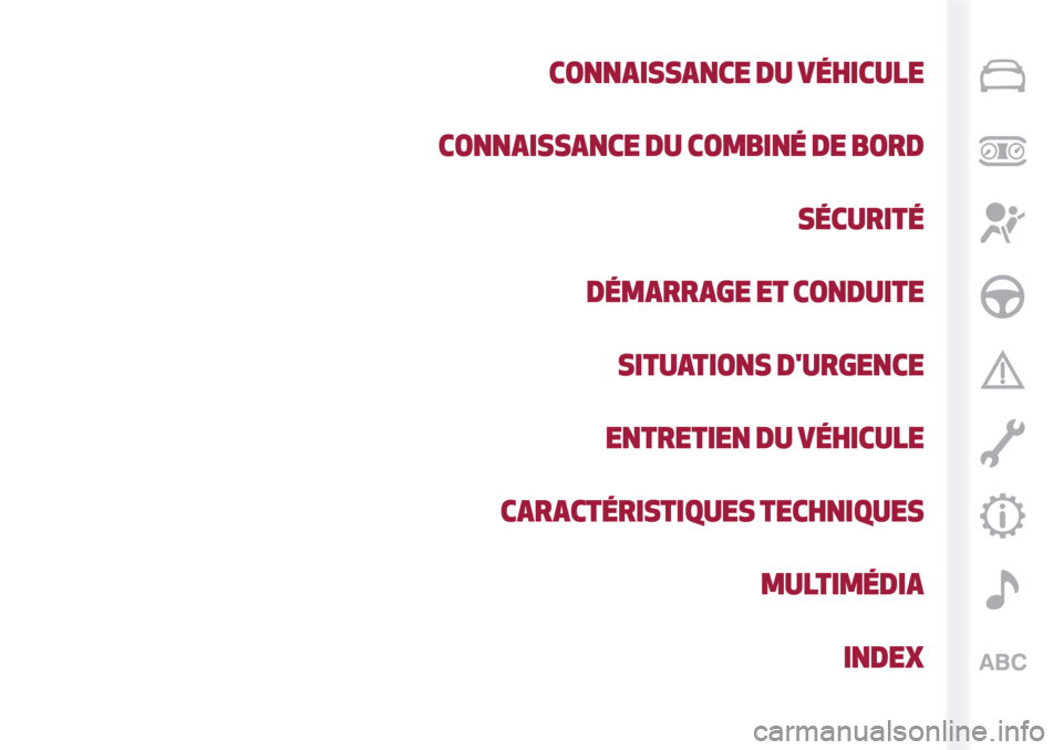 Alfa Romeo Giulietta 2017 Manuel du propriétaire (in French) CONNAISSANCE DU VÉHICULE
CONNAISSANCE DU COMBINÉ DE BORD
SÉCURITÉ
DÉMARRAGE ET CONDUITE
SITUATIONS DURGENCE
ENTRETIEN DU VÉHICULE
CARACTÉRISTIQUES TECHNIQUES
MULTIMÉDIA
INDEX Alfa Romeo Giulietta 2017 Manuel du propriétaire (in French) CONNAISSANCE DU VÉHICULE
CONNAISSANCE DU COMBINÉ DE BORD
SÉCURITÉ
DÉMARRAGE ET CONDUITE
SITUATIONS DURGENCE
ENTRETIEN DU VÉHICULE
CARACTÉRISTIQUES TECHNIQUES
MULTIMÉDIA
INDEX