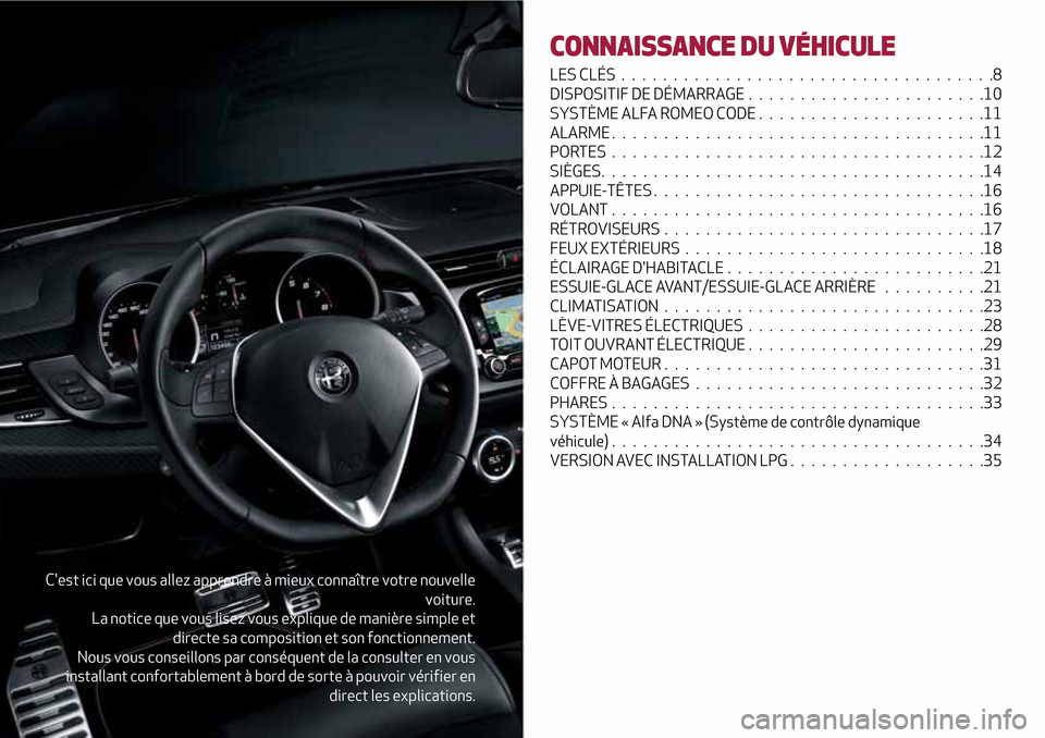 Alfa Romeo Giulietta 2017 Manuel du propriétaire (in French) Cest ici que vous allez apprendre à mieux connaître votre nouvelle
voiture.
La notice que vous lisez vous explique de manière simple et
directe sa composition et son fonctionnement.
Nous vous cons Alfa Romeo Giulietta 2017 Manuel du propriétaire (in French) Cest ici que vous allez apprendre à mieux connaître votre nouvelle
voiture.
La notice que vous lisez vous explique de manière simple et
directe sa composition et son fonctionnement.
Nous vous cons