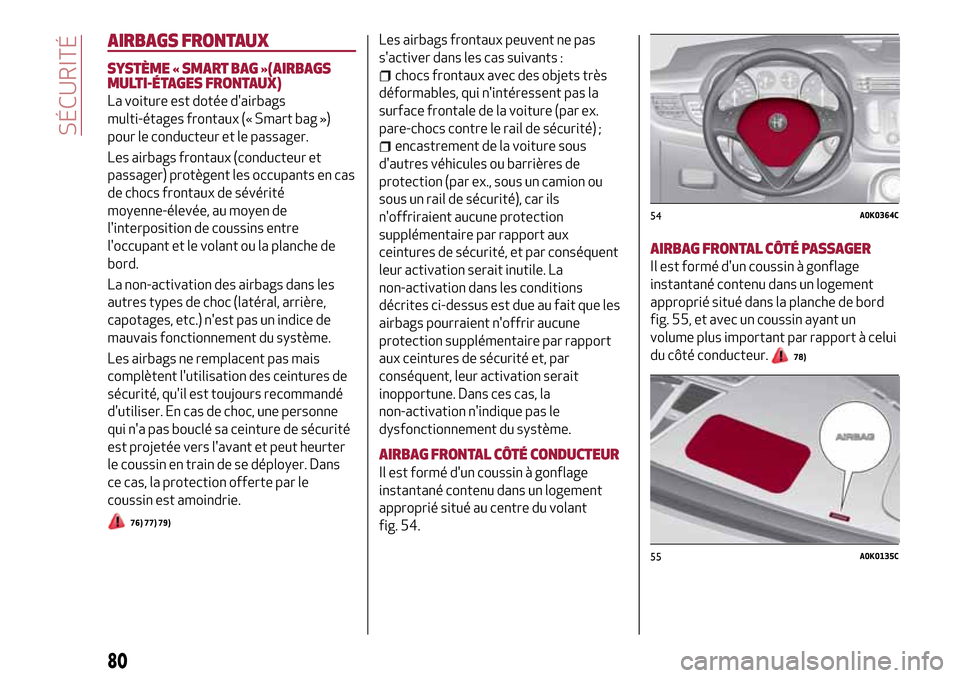Alfa Romeo Giulietta 2017 Manuel du propriétaire (in French) AIRBAGS FRONTAUX
SYSTÈME « SMART BAG »(AIRBAGS
MULTI-ÉTAGES FRONTAUX)
La voiture est dotée dairbags
multi-étages frontaux (« Smart bag »)
pour le conducteur et le passager.
Les airbags fronta Alfa Romeo Giulietta 2017 Manuel du propriétaire (in French) AIRBAGS FRONTAUX
SYSTÈME « SMART BAG »(AIRBAGS
MULTI-ÉTAGES FRONTAUX)
La voiture est dotée dairbags
multi-étages frontaux (« Smart bag »)
pour le conducteur et le passager.
Les airbags fronta