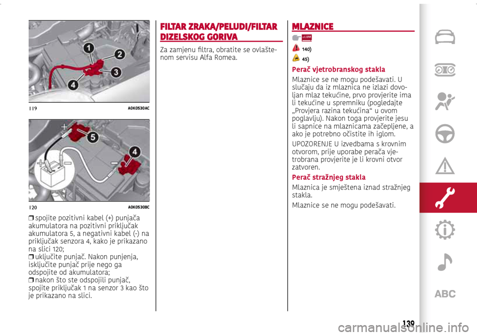 Alfa Romeo Giulietta 2017 Vodič za korisnike (in Croatian) 119A0K0530AC
120A0K0530BC
❒ spojite pozitivni kabel (+) punjača
akumulatora na pozitivni priključak
akumulatora 5, a negativni kabel (-) na
priključak senzora 4, kako je prikazano
na slici Alfa Romeo Giulietta 2017 Vodič za korisnike (in Croatian) 119A0K0530AC
120A0K0530BC
❒ spojite pozitivni kabel (+) punjača
akumulatora na pozitivni priključak
akumulatora 5, a negativni kabel (-) na
priključak senzora 4, kako je prikazano
na slici