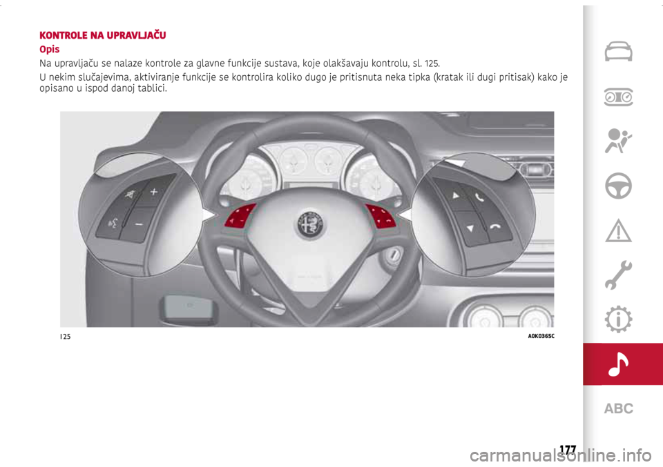 Alfa Romeo Giulietta 2017 Vodič za korisnike (in Croatian) 125A0K0365C
177
KONTROLE NA UPRAVLJAČU
Opis
Na upravljaču se nalaze kontrole za glavne funkcije sustava, koje olakšavaju kontrolu, sl. 125.
U nekim slučajevima, aktiviranje funkcije se kontrolira Alfa Romeo Giulietta 2017 Vodič za korisnike (in Croatian) 125A0K0365C
177
KONTROLE NA UPRAVLJAČU
Opis
Na upravljaču se nalaze kontrole za glavne funkcije sustava, koje olakšavaju kontrolu, sl. 125.
U nekim slučajevima, aktiviranje funkcije se kontrolira