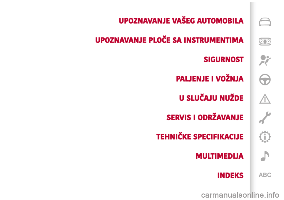 Alfa Romeo Giulietta 2017  Vodič za korisnike (in Croatian) UPOZNAVANJE VAŠEG AUTOMOBILA
UPOZNAVANJE PLOČE SA INSTRUMENTIMA
SIGURNOST
PALJENJE I VOŽNJA
U SLUČAJU NUŽDE
SERVIS I ODRŽAVANJE
TEHNIČKE SPECIFIKACIJE
MULTIMEDIJA
INDEKS 