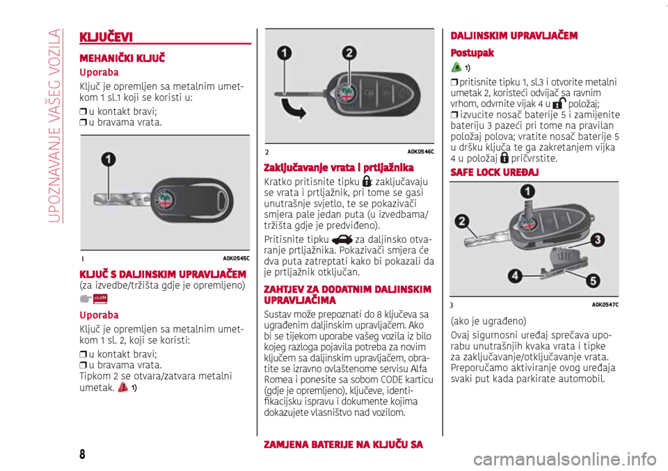 Alfa Romeo Giulietta 2017  Vodič za korisnike (in Croatian) 1A0K0545C
2A0K0546C
3A0K0547C
1A0K0545C
2A0K0546C
3A0K0547C
KLJUČEVI
MEHANIČKI KLJUČ
Uporaba
Ključ je opremljen sa metalnim umet-kom 1 sl.1 koji se koristi u: 
❒ u kontakt bravi;
 
❒ u bravama