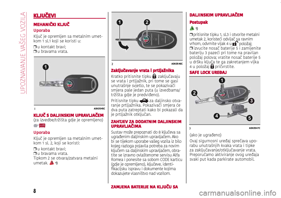 Alfa Romeo Giulietta 2017 Vodič za korisnike (in Croatian) 1A0K0545C
2A0K0546C
3A0K0547C
1A0K0545C
2A0K0546C
3A0K0547C
KLJUČEVI
MEHANIČKI KLJUČ
Uporaba
Ključ je opremljen sa metalnim umet-kom 1 sl.1 koji se koristi u:
❒ u kontakt bravi;
❒ u bravama Alfa Romeo Giulietta 2017 Vodič za korisnike (in Croatian) 1A0K0545C
2A0K0546C
3A0K0547C
1A0K0545C
2A0K0546C
3A0K0547C
KLJUČEVI
MEHANIČKI KLJUČ
Uporaba
Ključ je opremljen sa metalnim umet-kom 1 sl.1 koji se koristi u:
❒ u kontakt bravi;
❒ u bravama