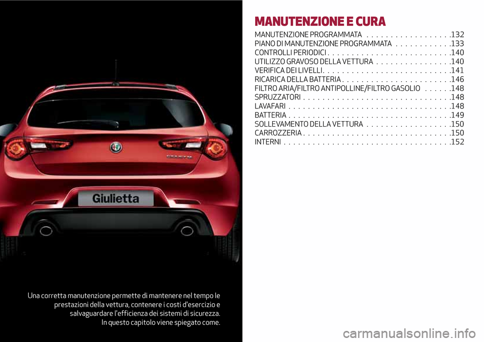 Alfa Romeo Giulietta 2017 Manuale del proprietario (in Italian) Una corretta manutenzione permette di mantenere nel tempo le
prestazioni della vettura, contenere i costi desercizio e
salvaguardare lefficienza dei sistemi di sicurezza.
In questo capitolo viene sp Alfa Romeo Giulietta 2017 Manuale del proprietario (in Italian) Una corretta manutenzione permette di mantenere nel tempo le
prestazioni della vettura, contenere i costi desercizio e
salvaguardare lefficienza dei sistemi di sicurezza.
In questo capitolo viene sp