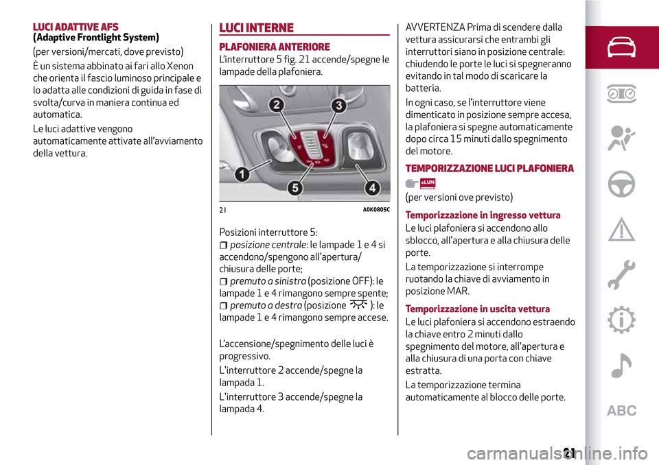 Alfa Romeo Giulietta 2017  Manuale del proprietario (in Italian) LUCI ADATTIVE AFS(Adaptive Frontlight System)
(per versioni/mercati, dove previsto)
È un sistema abbinato ai fari allo Xenon
che orienta il fascio luminoso principale e
lo adatta alle condizioni di g
