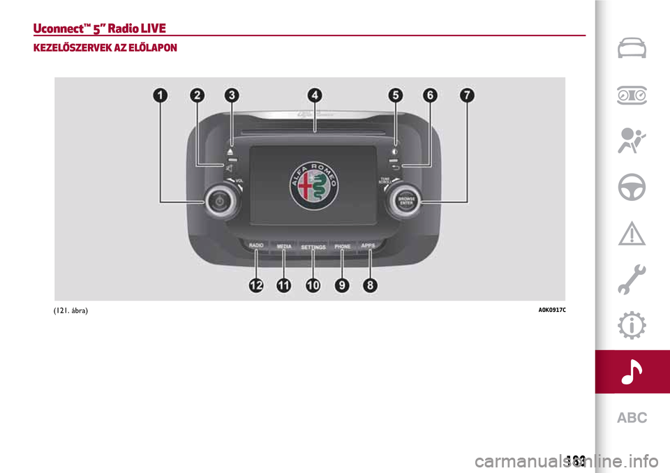 Alfa Romeo Giulietta 2017 Kezelési útmutató (in Hungarian) Uconnect™ 5” Radio LIVE
KEZELŐSZERVEK AZ ELŐLAPON
(121. ábra)A0K0917C
183 Alfa Romeo Giulietta 2017 Kezelési útmutató (in Hungarian) Uconnect™ 5” Radio LIVE
KEZELŐSZERVEK AZ ELŐLAPON
(121. ábra)A0K0917C
183