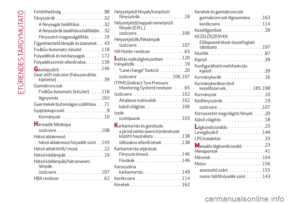 Alfa Romeo Giulietta 2017  Kezelési útmutató (in Hungarian) Feltölthetőség...............98
Fényszórók.................32
A fénysugár beállítása.........32
A fényszórók beállítása külföldön.......................32
Fényszóró-magasságál