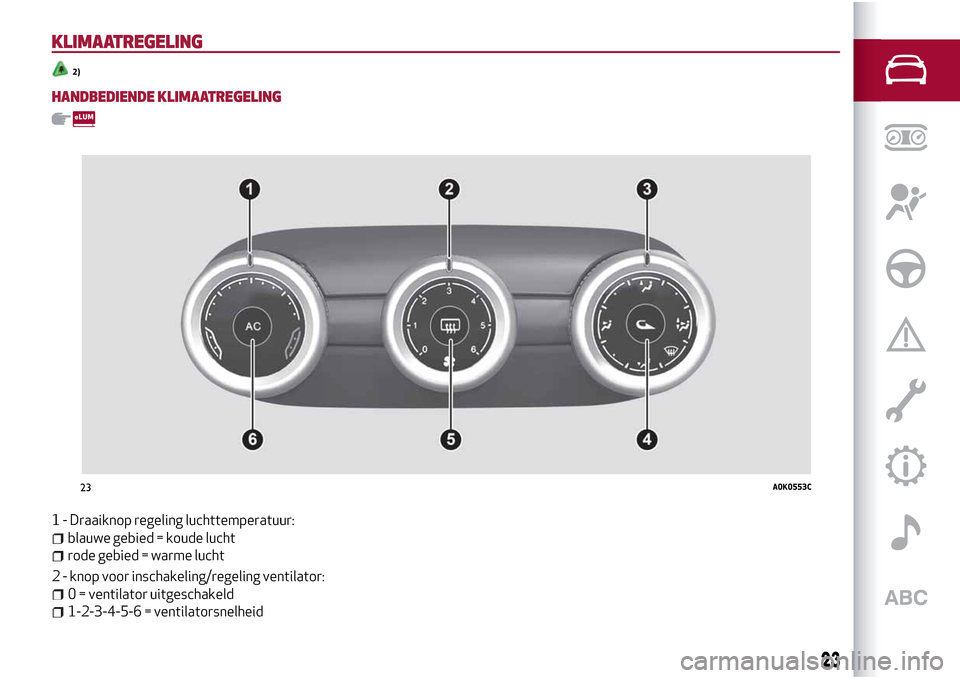 Alfa Romeo Giulietta 2017 Handleiding (in Dutch) KLIMAATREGELING
2)
HANDBEDIENDE KLIMAATREGELING
1 - Draaiknop regeling luchttemperatuur:
blauwe gebied = koude lucht
rode gebied = warme lucht
2 - knop voor inschakeling/regeling ventilator:
0 = venti Alfa Romeo Giulietta 2017 Handleiding (in Dutch) KLIMAATREGELING
2)
HANDBEDIENDE KLIMAATREGELING
1 - Draaiknop regeling luchttemperatuur:
blauwe gebied = koude lucht
rode gebied = warme lucht
2 - knop voor inschakeling/regeling ventilator:
0 = venti