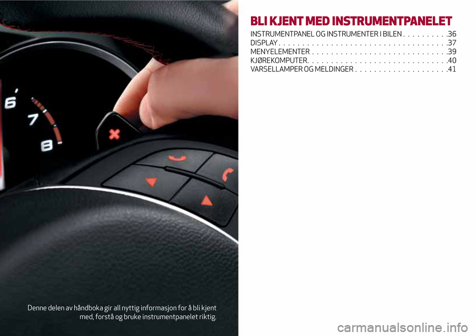 Alfa Romeo Giulietta 2017  Brukerhåndbok (in Norwegian) Denne delen av håndboka gir all nyttig informasjon for å bli kjent
med, forstå og bruke instrumentpanelet riktig.
BLI KJENT MED INSTRUMENTPANELET
INSTRUMENTPANEL OG INSTRUMENTER I BILEN . . .......