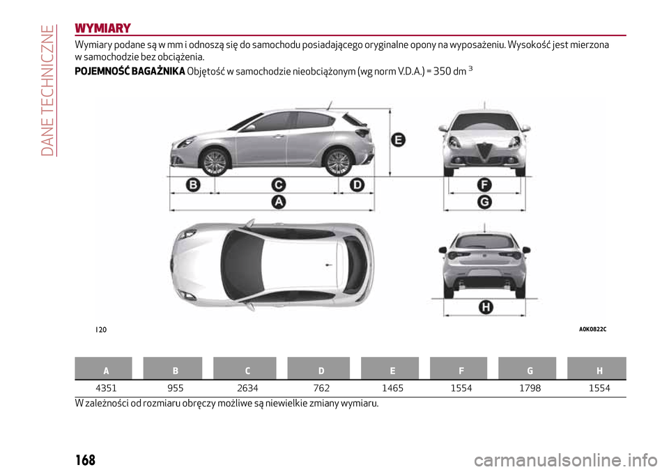 Alfa Romeo Giulietta 2017  Instrukcja Obsługi (in Polish) WYMIARY
Wymiary podane są w mm i odnoszą się do samochodu posiadającego oryginalne opony na wyposażeniu. Wysokość jest mierzona
w samochodzie bez obciążenia.
POJEMNOŚĆ BAGAŻNIKAObjętość