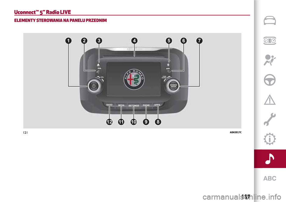 Alfa Romeo Giulietta 2017  Instrukcja Obsługi (in Polish) Uconnect™ 5” Radio LIVE
ELEMENTY STEROWANIA NA PANELU PRZEDNIM
121A0K0917C
187 