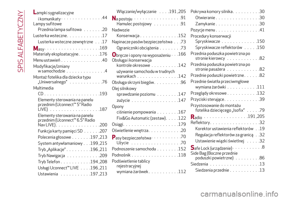 Alfa Romeo Giulietta 2017  Instrukcja Obsługi (in Polish) Lampki sygnalizacyjne
i komunikaty...............44
Lampy sufitowe
Przednia lampa sufitowa.......20
Lusterka wsteczne.............17
Lusterka wsteczne zewnętrzne . . .17
Masy....................169
M
