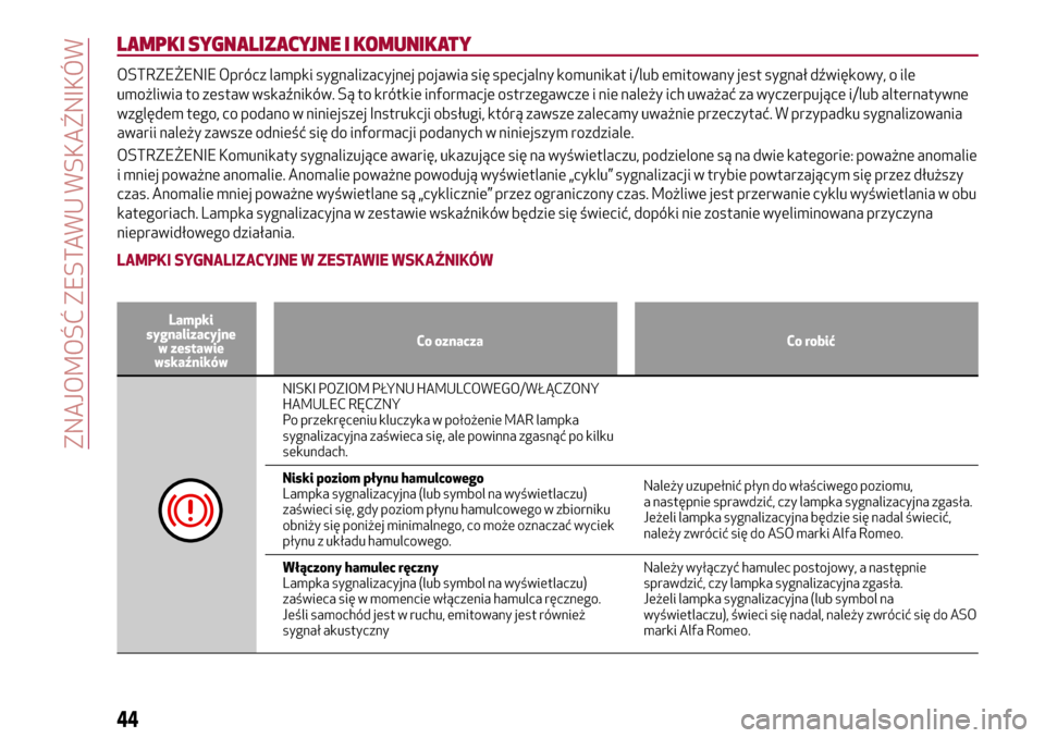 Alfa Romeo Giulietta 2017  Instrukcja Obsługi (in Polish) LAMPKI SYGNALIZACYJNE I KOMUNIKATY
OSTRZEŻENIE Oprócz lampki sygnalizacyjnej pojawia się specjalny komunikat i/lub emitowany jest sygnał dźwiękowy, o ile
umożliwia to zestaw wskaźników. Są t