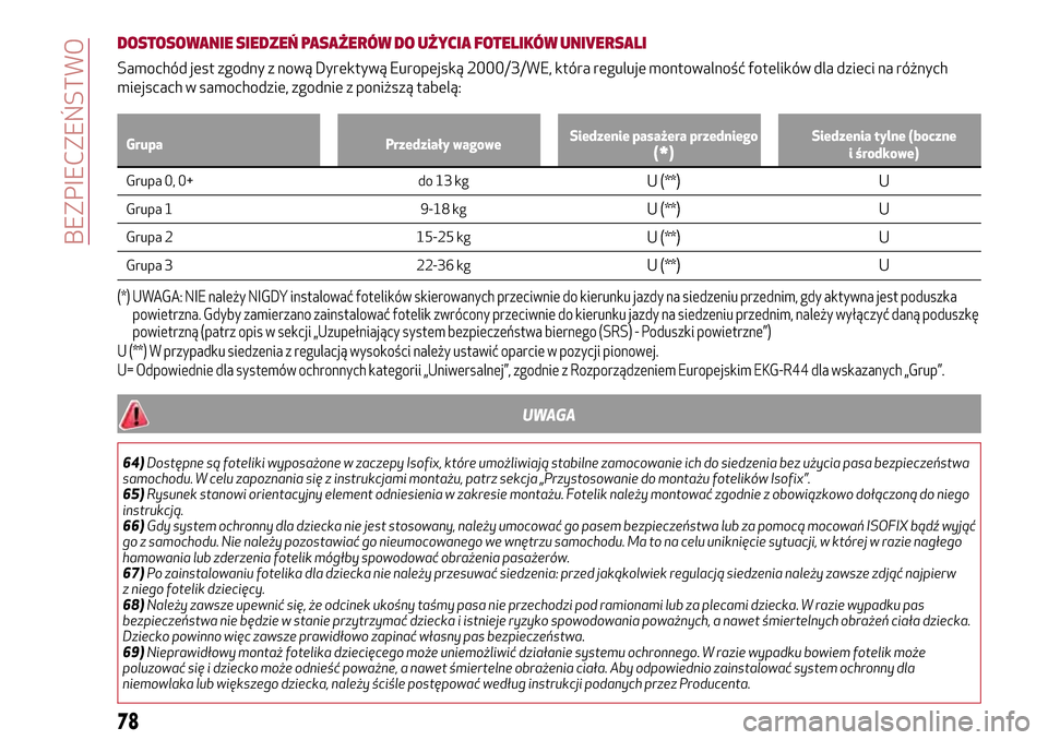 Alfa Romeo Giulietta 2017  Instrukcja Obsługi (in Polish) DOSTOSOWANIE SIEDZEŃ PASAŻERÓW DO UŻYCIA FOTELIKÓW UNIVERSALI
Samochód jest zgodny z nową Dyrektywą Europejską 2000/3/WE, która reguluje montowalność fotelików dla dzieci na różnych
mie