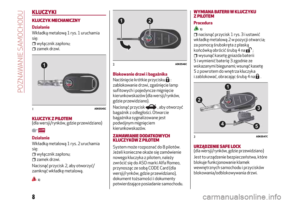 Alfa Romeo Giulietta 2017  Instrukcja Obsługi (in Polish) KLUCZYKI
KLUCZYK MECHANICZNY
Działanie
Wkładką metalową 1 rys. 1 uruchamia
się:
wyłącznik zapłonu;
zamek drzwi.
KLUCZYK Z PILOTEM(dla wersji/rynków, gdzie przewidziano)
Działanie
Wkładką m