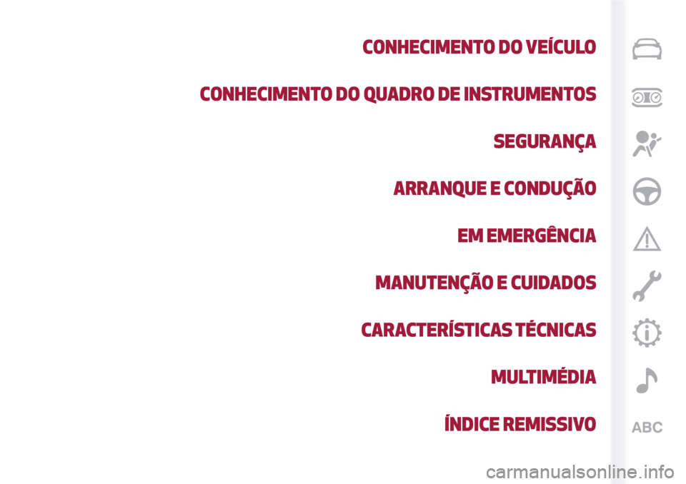 Alfa Romeo Giulietta 2017 Manual do proprietário (in Portuguese) CONHECIMENTO DO VEÍCULO
CONHECIMENTO DO QUADRO DE INSTRUMENTOS
SEGURANÇA
ARRANQUE E CONDUÇÃO
EM EMERGÊNCIA
MANUTENÇÃO E CUIDADOS
CARACTERÍSTICAS TÉCNICAS
MULTIMÉDIA
ÍNDICE REMISSIVO Alfa Romeo Giulietta 2017 Manual do proprietário (in Portuguese) CONHECIMENTO DO VEÍCULO
CONHECIMENTO DO QUADRO DE INSTRUMENTOS
SEGURANÇA
ARRANQUE E CONDUÇÃO
EM EMERGÊNCIA
MANUTENÇÃO E CUIDADOS
CARACTERÍSTICAS TÉCNICAS
MULTIMÉDIA
ÍNDICE REMISSIVO
