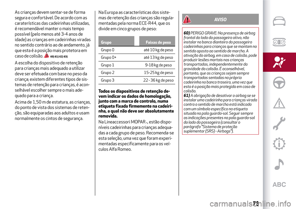 Alfa Romeo Giulietta 2017  Manual do proprietário (in Portuguese) As crianças devem sentar-se de forma
segura e confortável. De acordo com as
caraterísticas das cadeirinhas utilizadas,
é recomendável manter o mais tempo
possível (pelo menos até 3-4 anos de
id