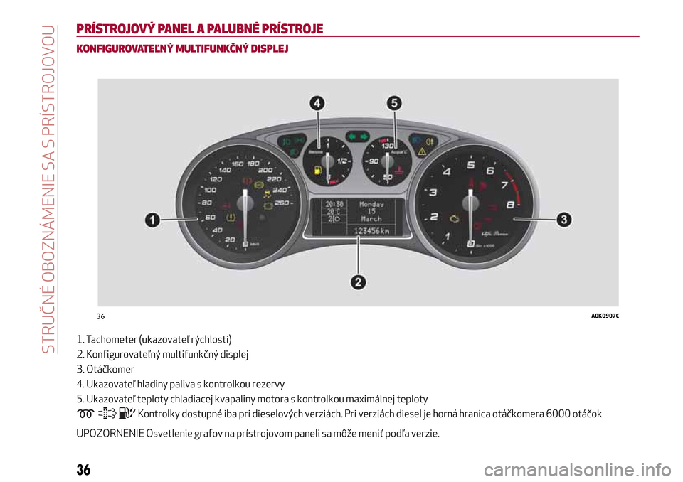 Alfa Romeo Giulietta 2017 Užívateľská príručka (in Slovak) PRÍSTROJOVÝ PANEL A PALUBNÉ PRÍSTROJE
KONFIGUROVATEĽNÝ MULTIFUNKČNÝ DISPLEJ
1. Tachometer (ukazovateľ rýchlosti)
2. Konfigurovateľný multifunkčný displej
3. Otáčkomer
4. Ukazovateľ hl Alfa Romeo Giulietta 2017 Užívateľská príručka (in Slovak) PRÍSTROJOVÝ PANEL A PALUBNÉ PRÍSTROJE
KONFIGUROVATEĽNÝ MULTIFUNKČNÝ DISPLEJ
1. Tachometer (ukazovateľ rýchlosti)
2. Konfigurovateľný multifunkčný displej
3. Otáčkomer
4. Ukazovateľ hl