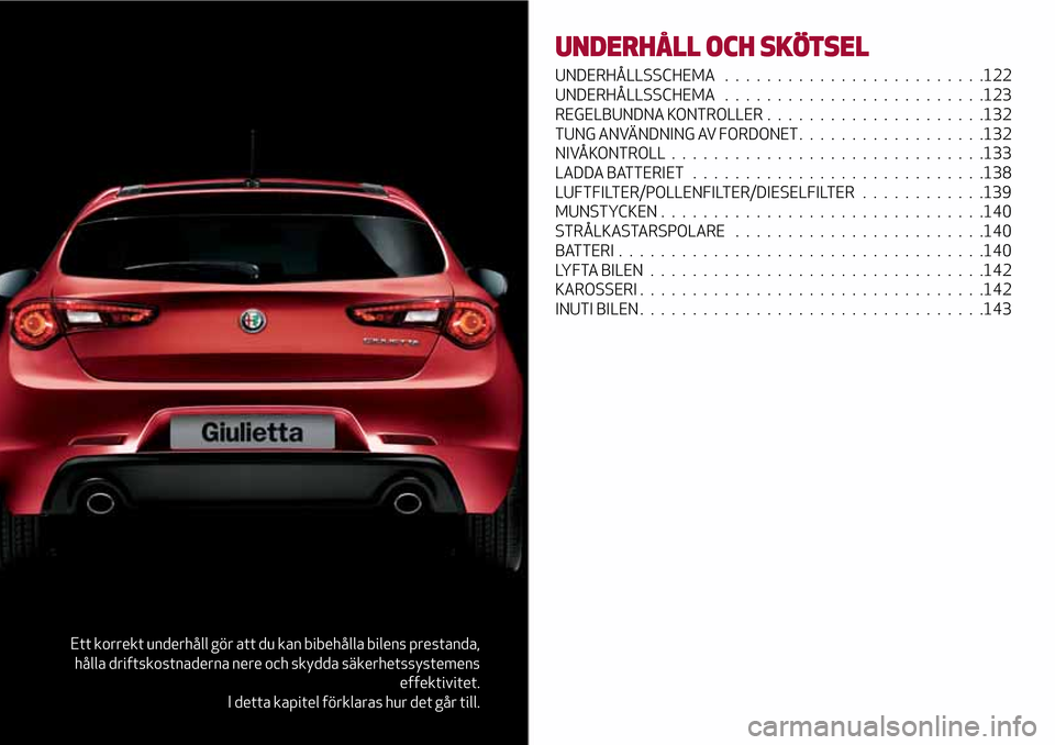 Alfa Romeo Giulietta 2017  Ägarmanual (in Swedish) Ett korrekt underhåll gör att du kan bibehålla bilens prestanda,
hålla driftskostnaderna nere och skydda säkerhetssystemens
effektivitet.
I detta kapitel förklaras hur det går till.
UNDERHÅLL 
