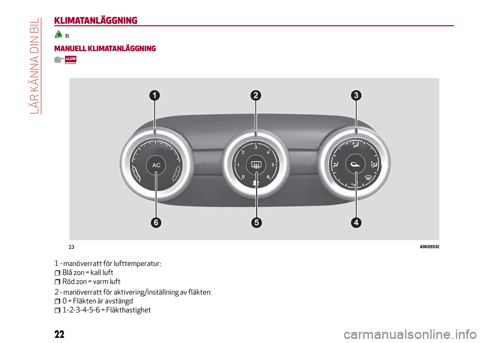 Alfa Romeo Giulietta 2017 Ägarmanual (in Swedish) KLIMATANLÄGGNING
2)
MANUELL KLIMATANLÄGGNING
1 - manöverratt för lufttemperatur:
Blå zon = kall luft
Röd zon = varm luft
2 - manöverratt för aktivering/inställning av fläkten:
0 = Fläkten Alfa Romeo Giulietta 2017 Ägarmanual (in Swedish) KLIMATANLÄGGNING
2)
MANUELL KLIMATANLÄGGNING
1 - manöverratt för lufttemperatur:
Blå zon = kall luft
Röd zon = varm luft
2 - manöverratt för aktivering/inställning av fläkten:
0 = Fläkten