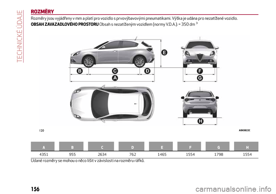 Alfa Romeo Giulietta 2017  Návod k obsluze (in Czech) ROZMĚRY
Rozměry jsou vyjádřeny v mm a platí pro vozidlo s prvovýbavovými pneumatikami. Výška je udána pro nezatížené vozidlo.
OBSAH ZAVAZADLOVÉHO PROSTORUObsah s nezatíženým vozidlem 