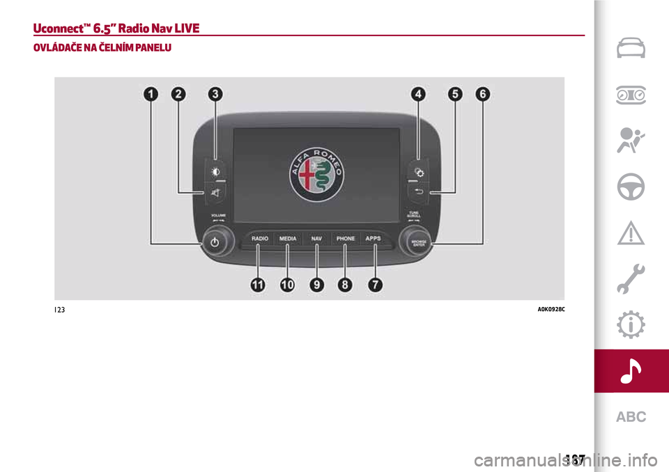 Alfa Romeo Giulietta 2017 Návod k obsluze (in Czech) Uconnect™ 6.5” Radio Nav LIVE
OVLÁDAČE NA ČELNÍM PANELU
123A0K0928C
187 Alfa Romeo Giulietta 2017 Návod k obsluze (in Czech) Uconnect™ 6.5” Radio Nav LIVE
OVLÁDAČE NA ČELNÍM PANELU
123A0K0928C
187