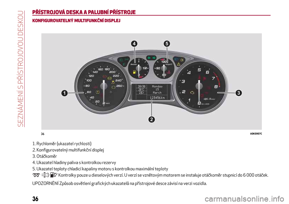 Alfa Romeo Giulietta 2017  Návod k obsluze (in Czech) PŘÍSTROJOVÁ DESKA A PALUBNÍ PŘÍSTROJE
KONFIGUROVATELNÝ MULTIFUNKČNÍ DISPLEJ
1. Rychloměr (ukazatel rychlosti)
2. Konfigurovatelný multifunkční displej
3. Otáčkoměr
4. Ukazatel hladiny 