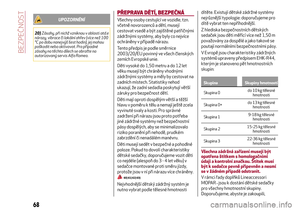 Alfa Romeo Giulietta 2017 Návod k obsluze (in Czech) UPOZORNĚNÍ
20)Zásahy, při nichž vzniknou v oblasti atd.e
nárazy, vibrace či lokální ohřev (více než 100
°C po dobu nanejvýš šest hodin), jej mohou
poškodit nebo aktivovat. Pro přípa Alfa Romeo Giulietta 2017 Návod k obsluze (in Czech) UPOZORNĚNÍ
20)Zásahy, při nichž vzniknou v oblasti atd.e
nárazy, vibrace či lokální ohřev (více než 100
°C po dobu nanejvýš šest hodin), jej mohou
poškodit nebo aktivovat. Pro přípa