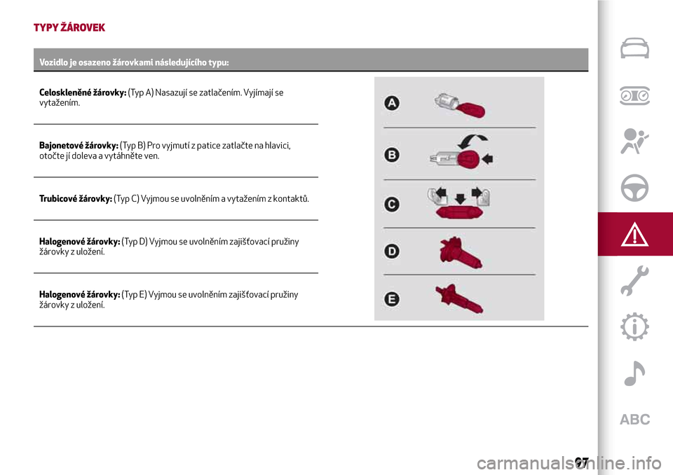 Alfa Romeo Giulietta 2017  Návod k obsluze (in Czech) TYPY ŽÁROVEK
Vozidlo je osazeno žárovkami následujícího typu:
Celoskleněné žárovky:(Typ A) Nasazují se zatlačením. Vyjímají se
vytažením.
Bajonetové žárovky:(Typ B) Pro vyjmutí z