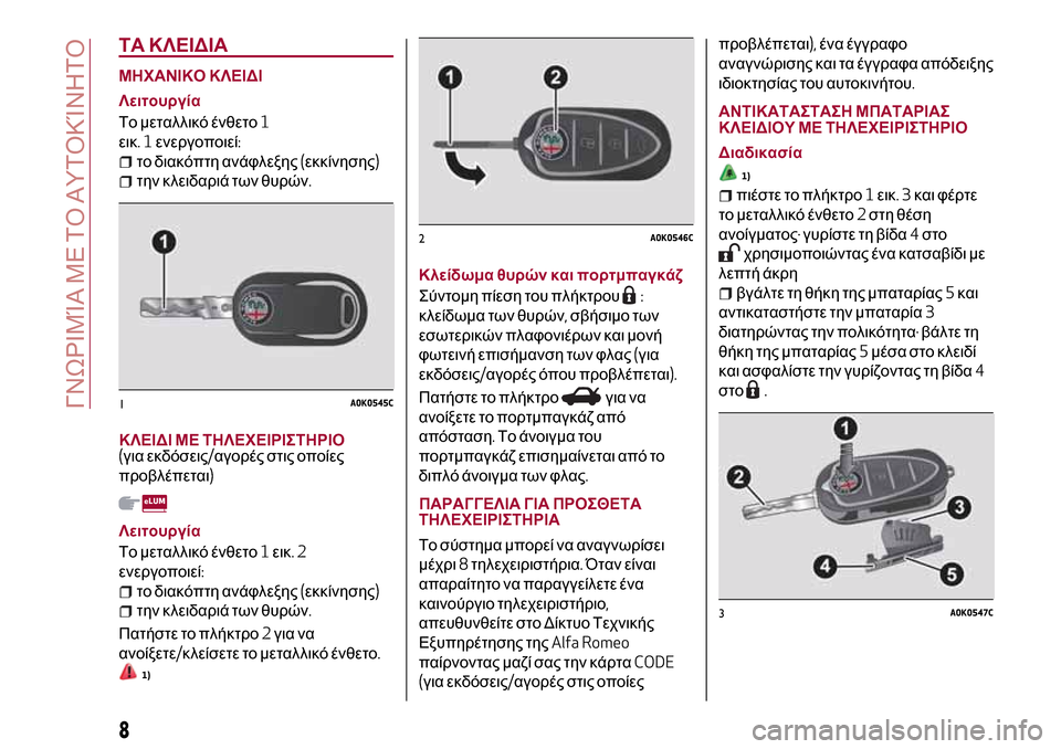 Alfa Romeo Giulietta 2017  Εγχειρίδιο χρήσης (in Greek) ΤΑ ΚΛΕΙΔΙΑ
ΜΗΧΑΝΙΚΟ ΚΛΕΙΔΙ
Λειτουργία
Το μεταλλικό ένθετο1
εικ.1ενεργοποιεί:
το διακόπτη ανάφλεξης(εκκίνησης