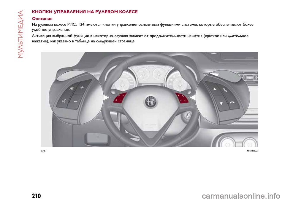 Alfa Romeo Giulietta 2017 Инструкция по эксплуатации (in Russian) КНОПКИ УПРАВЛЕНИЯ НА РУЛЕВОМ КОЛЕСЕ
Описание
На рулевом колесе РИС. 124 имеются кнопки управления основными ф Alfa Romeo Giulietta 2017 Инструкция по эксплуатации (in Russian) КНОПКИ УПРАВЛЕНИЯ НА РУЛЕВОМ КОЛЕСЕ
Описание
На рулевом колесе РИС. 124 имеются кнопки управления основными ф