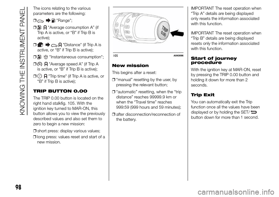 Alfa Romeo Giulietta 2016  Owners Manual The icons relating to the various
parameters are the following:
❒
"Range";
❒
"Average consumption A” (if
Trip A is active, or “B” if Trip B is
active);
❒
"Distance" (if Trip A is
active, o