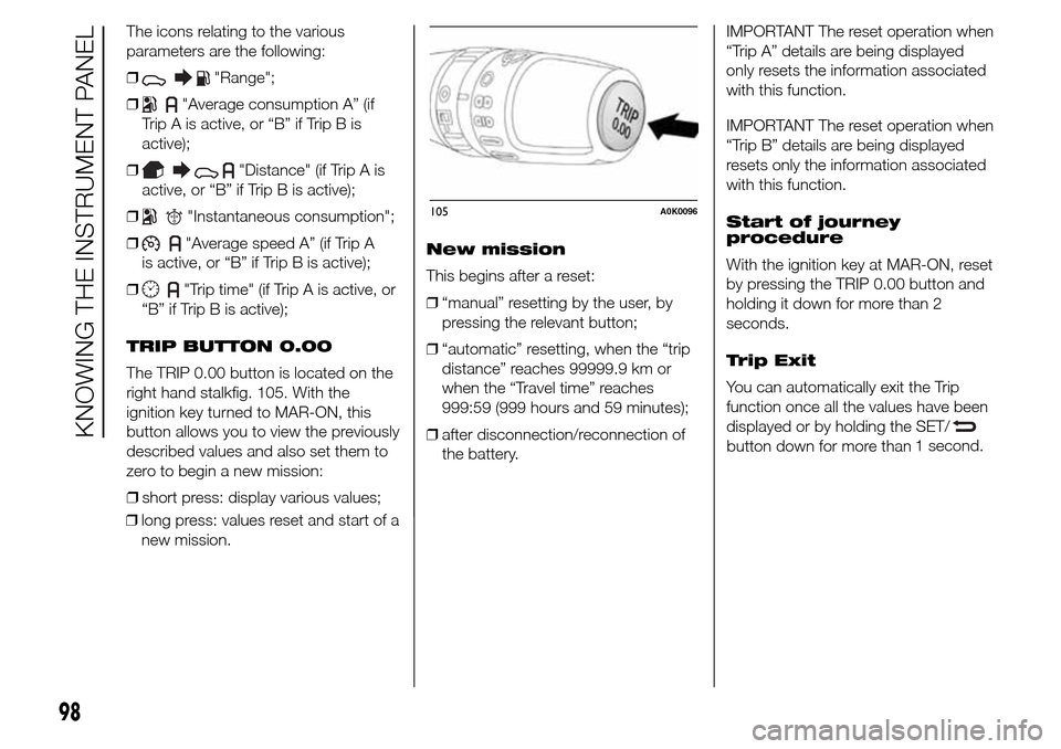 Alfa Romeo Giulietta 2016 Owners Guide The icons relating to the various
parameters are the following:
❒
"Range";
❒
"Average consumption A” (if
Trip A is active, or “B” if Trip B is
active);
❒
"Distance" (if Trip A is
active, o