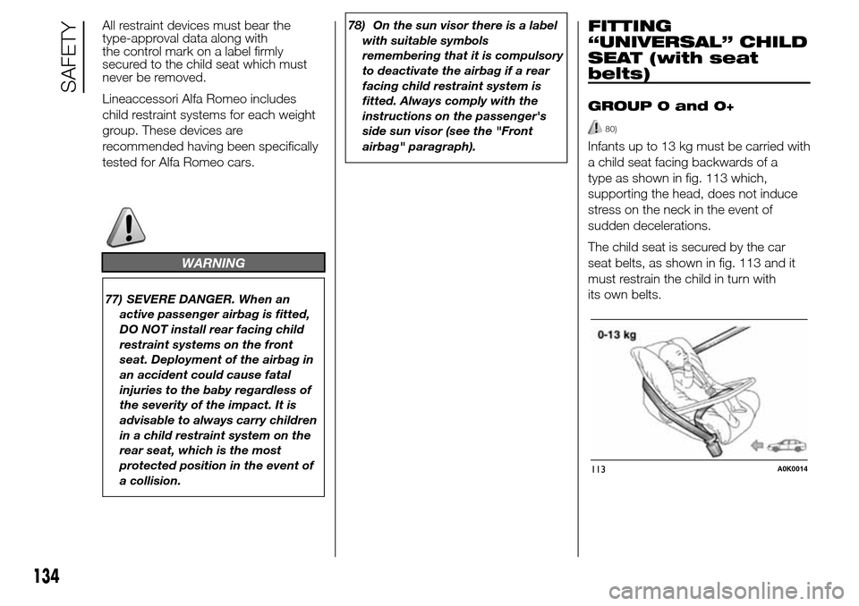 Alfa Romeo Giulietta 2016  Owners Manual All restraint devices must bear the
type-approval data along with
the control mark on a label firmly
secured to the child seat which must
never be removed.
Lineaccessori Alfa Romeo includes
child rest