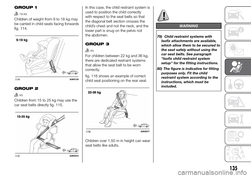 Alfa Romeo Giulietta 2016 Owners Manual GROUP 1
79) 80)
Children of weight from 9 to 18 kg may
be carried in child seats facing forwards
fig. 114.
GROUP 2
80)
Children from 15 to 25 kg may use the
car seat belts directly fig. 115.In this ca Alfa Romeo Giulietta 2016 Owners Manual GROUP 1
79) 80)
Children of weight from 9 to 18 kg may
be carried in child seats facing forwards
fig. 114.
GROUP 2
80)
Children from 15 to 25 kg may use the
car seat belts directly fig. 115.In this ca