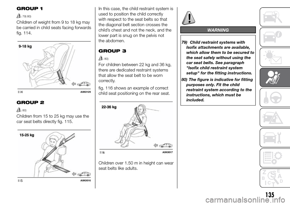 Alfa Romeo Giulietta 2016  Owners Manual GROUP 1
79) 80)
Children of weight from 9 to 18 kg may
be carried in child seats facing forwards
fig. 114.
GROUP 2
80)
Children from 15 to 25 kg may use the
car seat belts directly fig. 115.In this ca