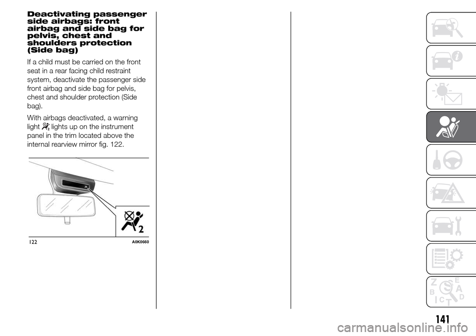 Alfa Romeo Giulietta 2016 Owners Manual Deactivating passenger
side airbags: front
airbag and side bag for
pelvis, chest and
shoulders protection
(Side bag)
If a child must be carried on the front
seat in a rear facing child restraint
syste Alfa Romeo Giulietta 2016 Owners Manual Deactivating passenger
side airbags: front
airbag and side bag for
pelvis, chest and
shoulders protection
(Side bag)
If a child must be carried on the front
seat in a rear facing child restraint
syste