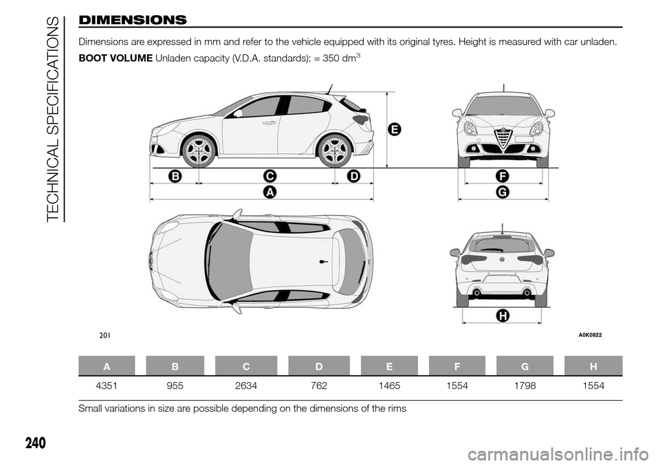 Alfa Romeo Giulietta 2016  Owners Manual DIMENSIONS
Dimensions are expressed in mm and refer to the vehicle equipped with its original tyres. Height is measured with car unladen.
BOOT VOLUMEUnladen capacity (V.D.A. standards): = 350 dm
3
AB 