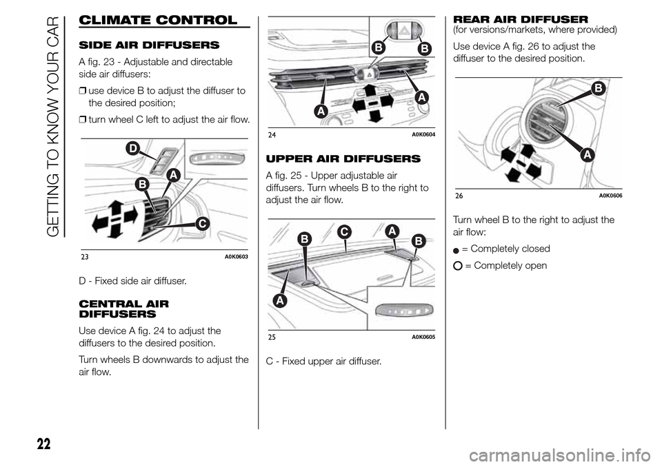 Alfa Romeo Giulietta 2016  Owners Manual CLIMATE CONTROL
SIDE AIR DIFFUSERS
A fig. 23 - Adjustable and directable
side air diffusers:
❒use device B to adjust the diffuser to
the desired position;
❒turn wheel C left to adjust the air flow