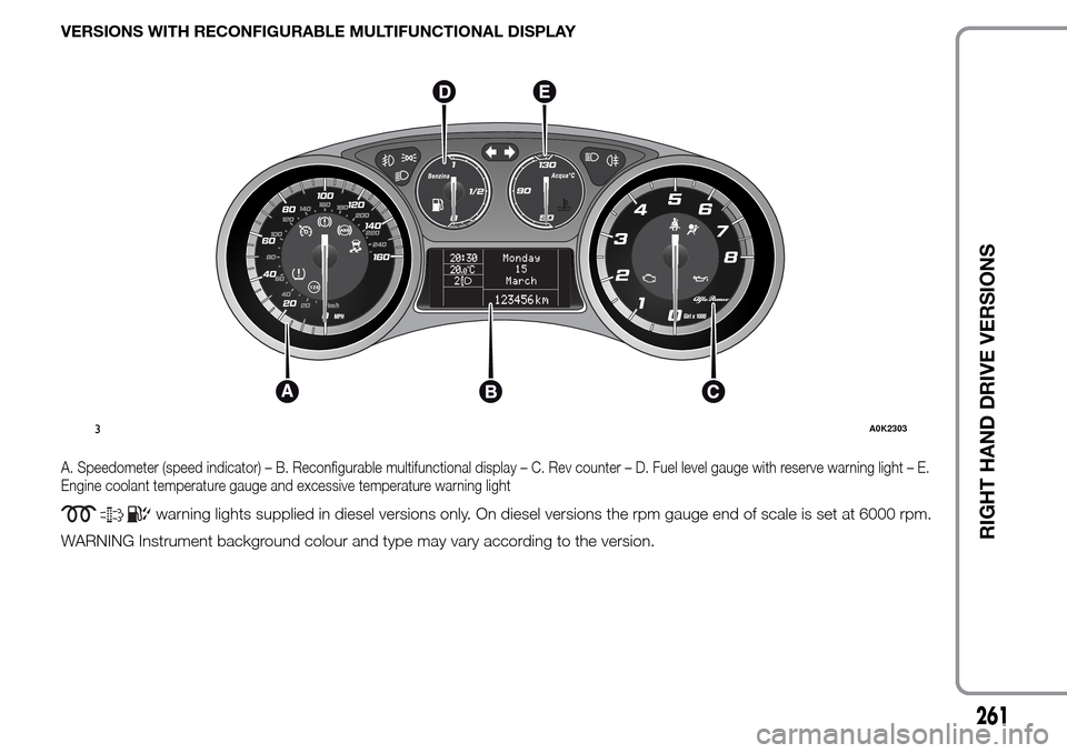 Alfa Romeo Giulietta 2016  Owners Manual VERSIONS WITH RECONFIGURABLE MULTIFUNCTIONAL DISPLAY
A. Speedometer (speed indicator) – B. Reconfigurable multifunctional display – C. Rev counter – D. Fuel level gauge with reserve warning ligh