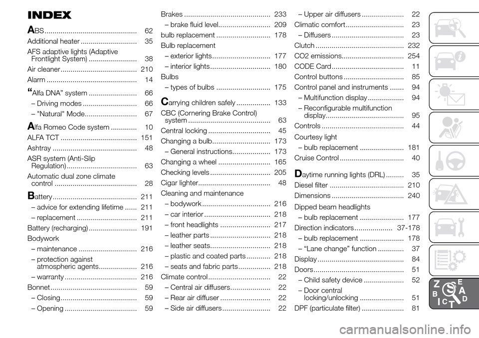 Alfa Romeo Giulietta 2016  Owners Manual INDEX
A
BS .............................................. 62
Additional heater ............................ 35
AFS adaptive lights (Adaptive
Frontlight System) ........................ 38
Air cleaner 