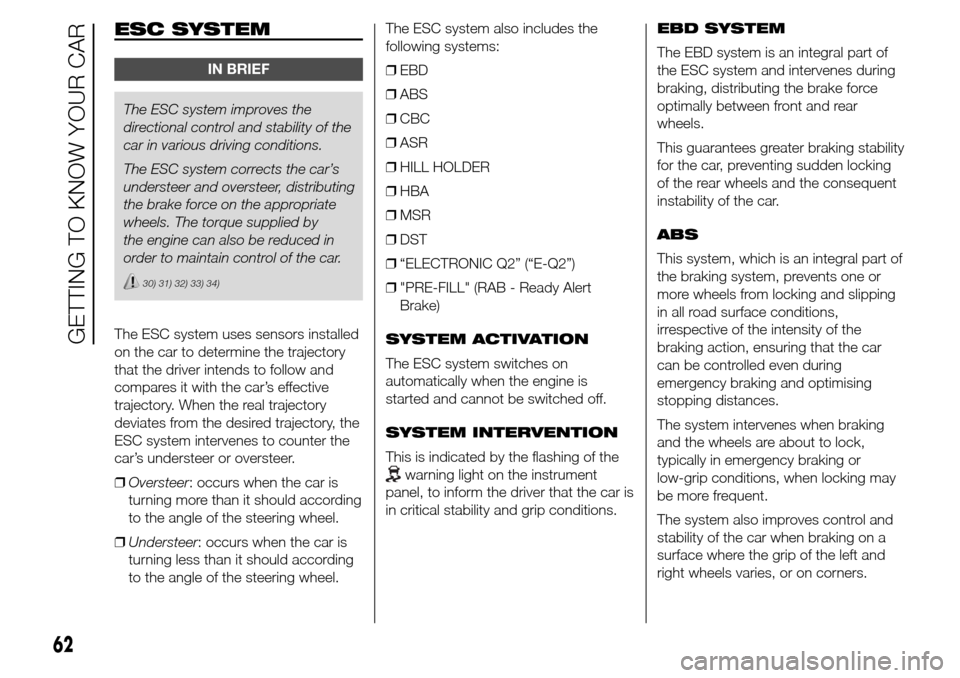 Alfa Romeo Giulietta 2016  Owners Manual ESC SYSTEM
IN BRIEF
The ESC system improves the
directional control and stability of the
car in various driving conditions.
The ESC system corrects the car’s
understeer and oversteer, distributing
t