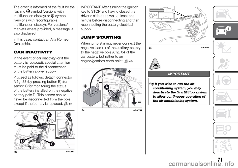 Alfa Romeo Giulietta 2016 Manual PDF The driver is informed of the fault by the
flashing
symbol (versions with
multifunction display) or
symbol
(versions with reconfigurable
multifunction display). For versions/
markets where provided, a