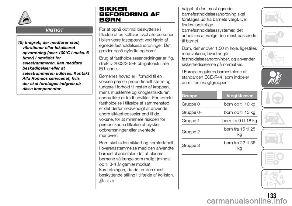 Alfa Romeo Giulietta 2016 Instruktionsbog (in Danish) VIGTIGT
15) Indgreb, der medfører stød,
vibrationer eller lokaliseret
opvarmning (over 100°C i maks. 6
timer) i området for
selestrammeren, kan medføre
beskadigelser eller at
selestrammeren udlø Alfa Romeo Giulietta 2016 Instruktionsbog (in Danish) VIGTIGT
15) Indgreb, der medfører stød,
vibrationer eller lokaliseret
opvarmning (over 100°C i maks. 6
timer) i området for
selestrammeren, kan medføre
beskadigelser eller at
selestrammeren udlø